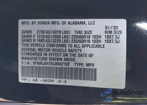 2020 Honda Odyssey Ex-L/Ex-L W/Navi Res z USA, uszkodzony, nr VIN 5FNRL6H7XLB042152